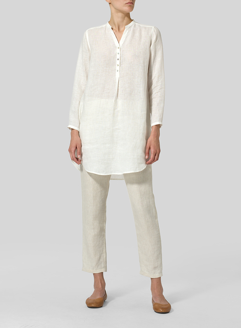 Linen Long Blouse With V-neck Mandarin Collar