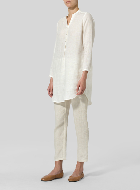 Linen Long Blouse With V-neck Mandarin Collar