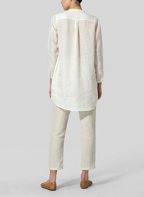 Linen Long Blouse With V-neck Mandarin Collar