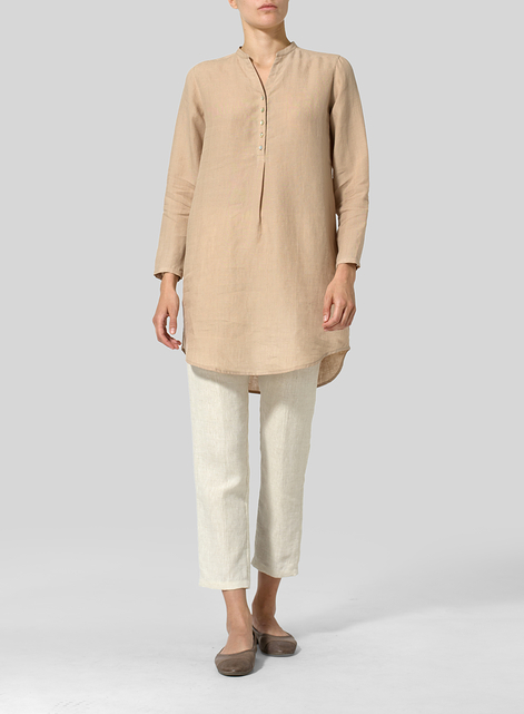 Linen Long Blouse With V-neck Mandarin Collar