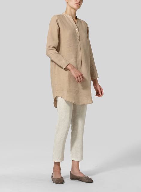 Linen Long Blouse With V-neck Mandarin Collar