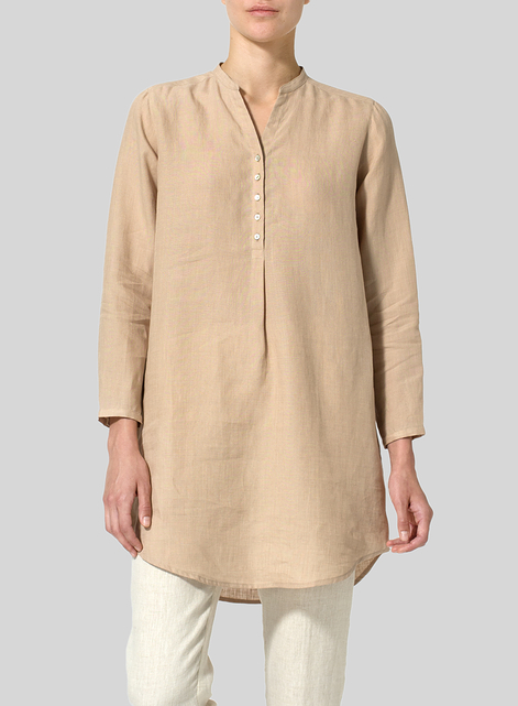 Linen Long Blouse With V-neck Mandarin Collar