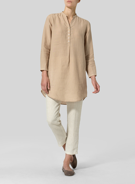 Linen Long Blouse With V-neck Mandarin Collar