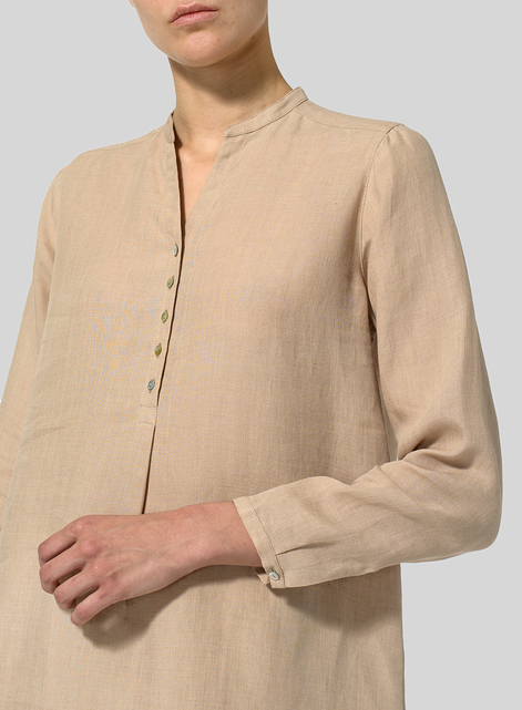 Linen Long Blouse With V-neck Mandarin Collar