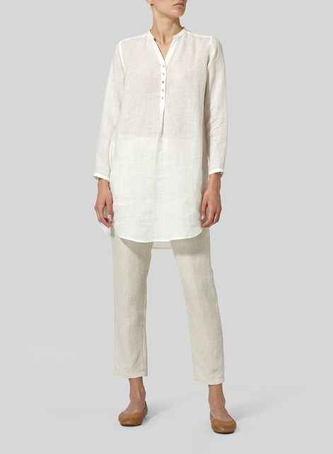 Linen Long Blouse With V-neck Mandarin Collar