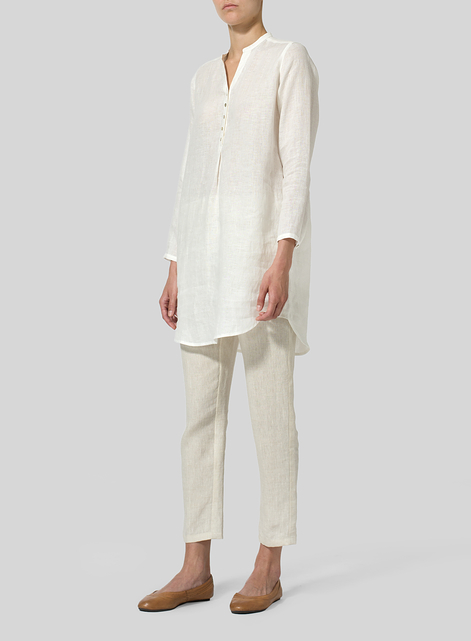 Linen Long Blouse With V-neck Mandarin Collar