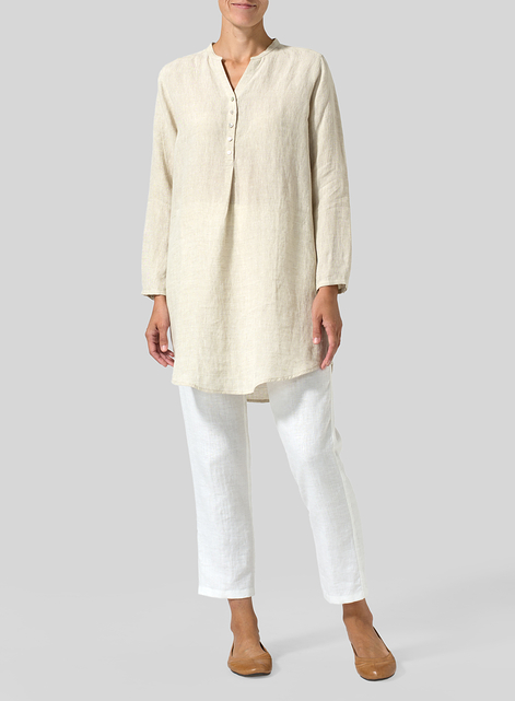 Linen Long Blouse With V-neck Mandarin Collar