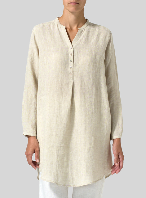 Linen Long Blouse With V-neck Mandarin Collar