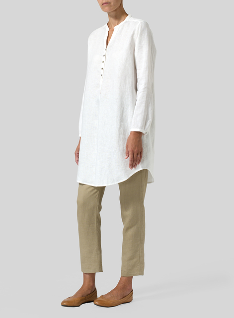 Linen Long Blouse With V-neck Mandarin Collar