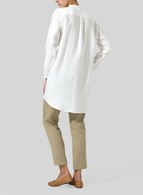 Linen Long Blouse With V-neck Mandarin Collar