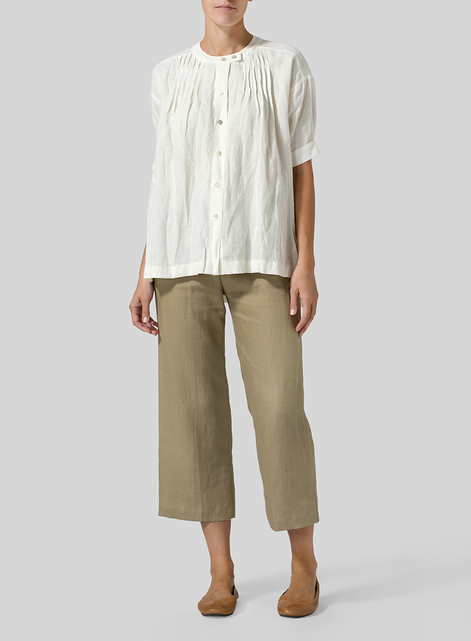 Linen Pintucked Short Sleeves Blouse