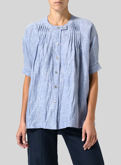 Linen Pintucked Short Sleeves Blouse