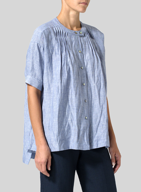 Linen Pintucked Short Sleeves Blouse