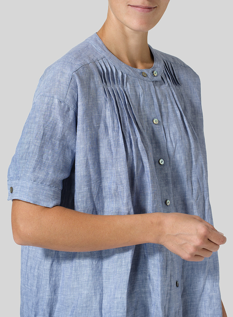 Linen Pintucked Short Sleeves Blouse