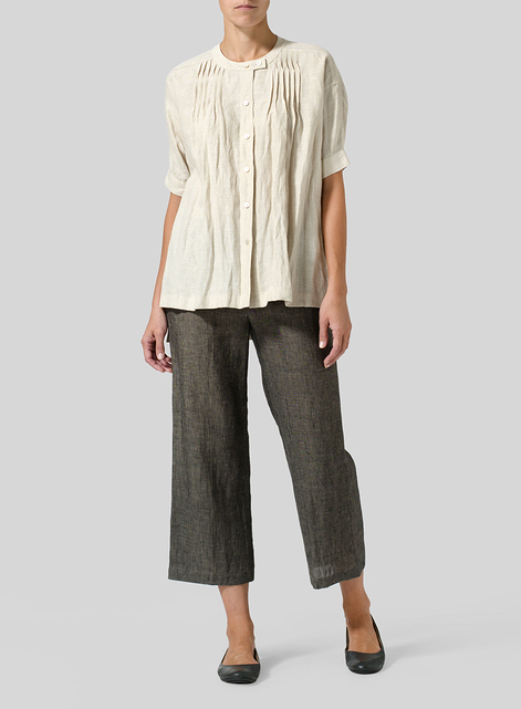 Linen Pintucked Short Sleeves Blouse