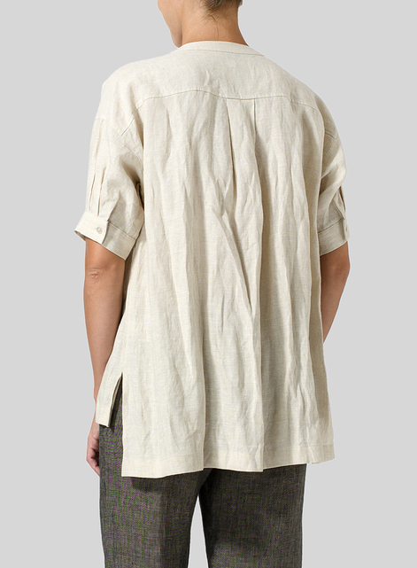 Linen Pintucked Short Sleeves Blouse