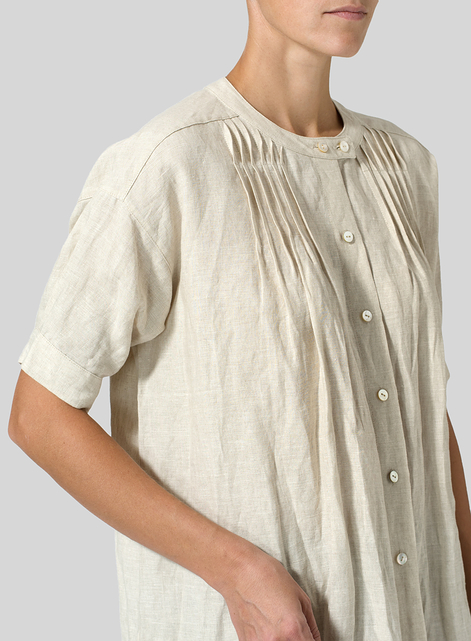 Linen Pintucked Short Sleeves Blouse