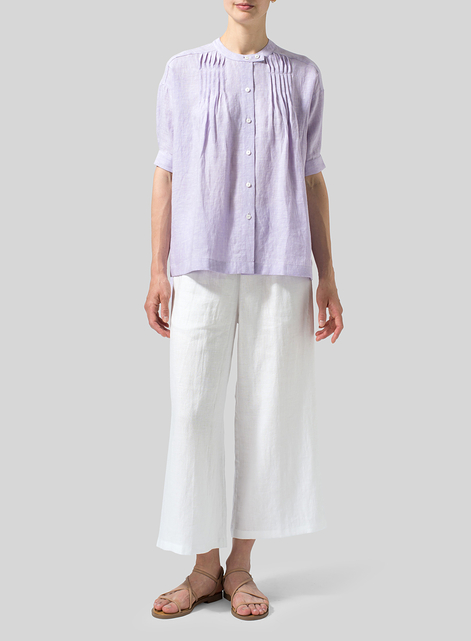 Linen Pintucked Short Sleeves Blouse