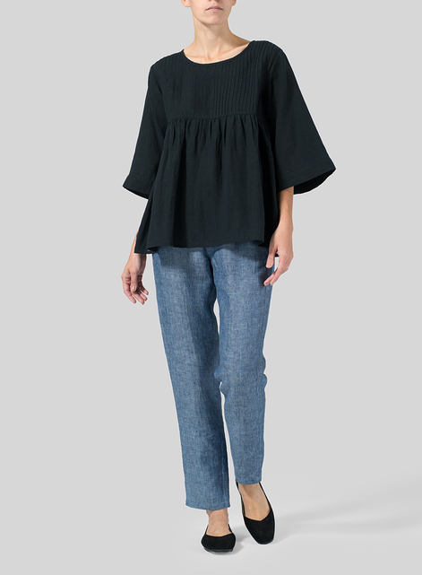 Linen Hand-Made Pleated Bell Sleeve Blouse