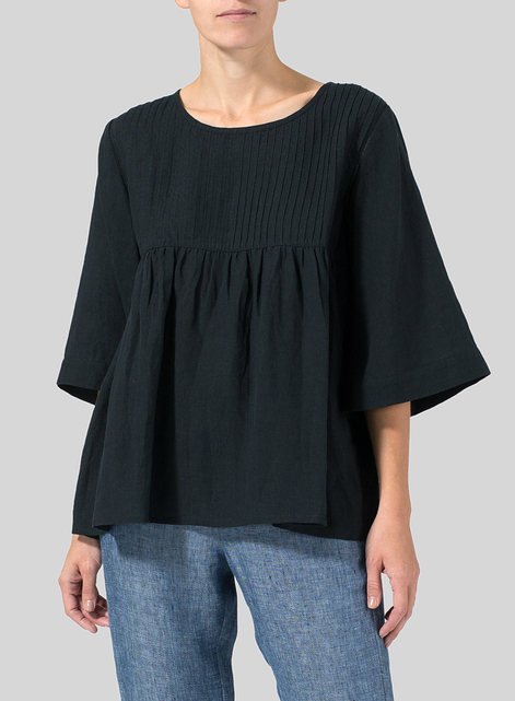 Linen Hand-Made Pleated Bell Sleeve Blouse