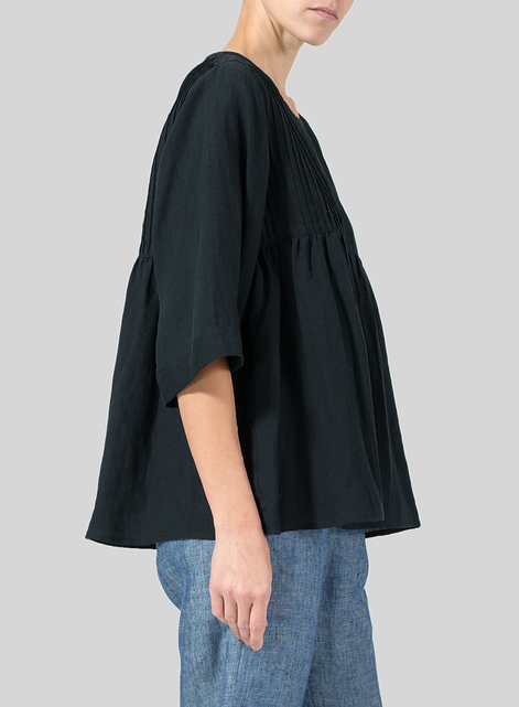 Linen Hand-Made Pleated Bell Sleeve Blouse