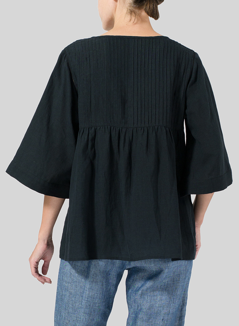 Linen Hand-Made Pleated Bell Sleeve Blouse