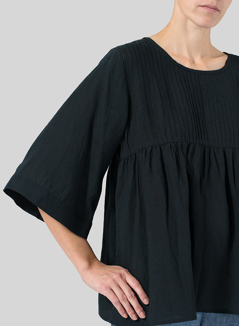 Linen Hand-Made Pleated Bell Sleeve Blouse