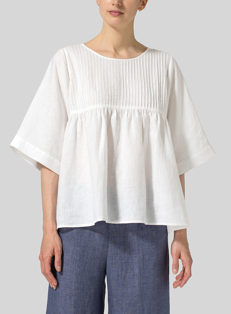 Linen Hand-Made Pleated Bell Sleeve Blouse