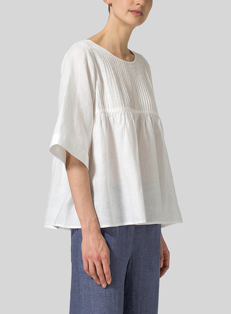 Linen Hand-Made Pleated Bell Sleeve Blouse