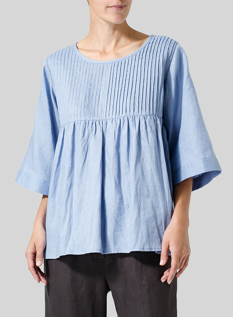 Linen Hand-Made Pleated Bell Sleeve Blouse