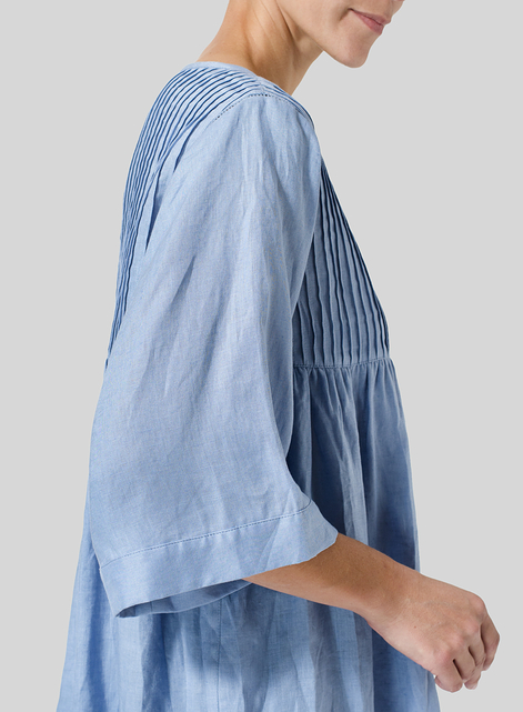 Linen Hand-Made Pleated Bell Sleeve Blouse