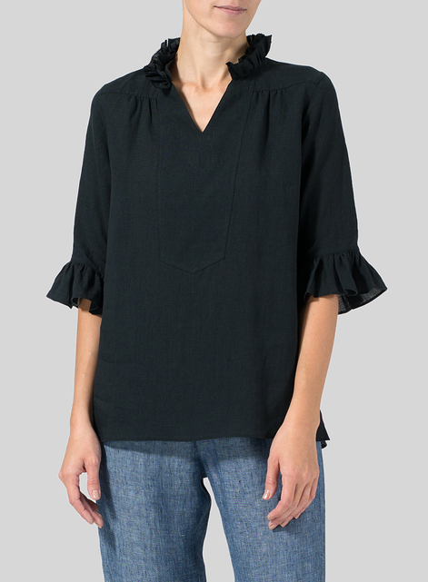 Linen Ruffle Stand Collar Top