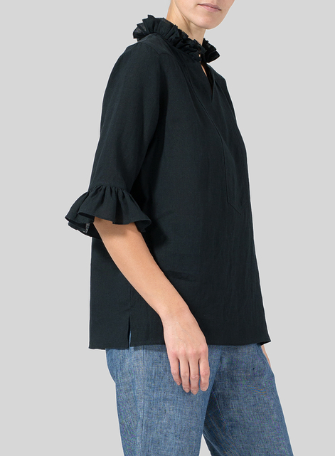 Linen Ruffle Stand Collar Top