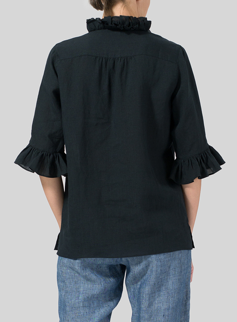 Linen Ruffle Stand Collar Top