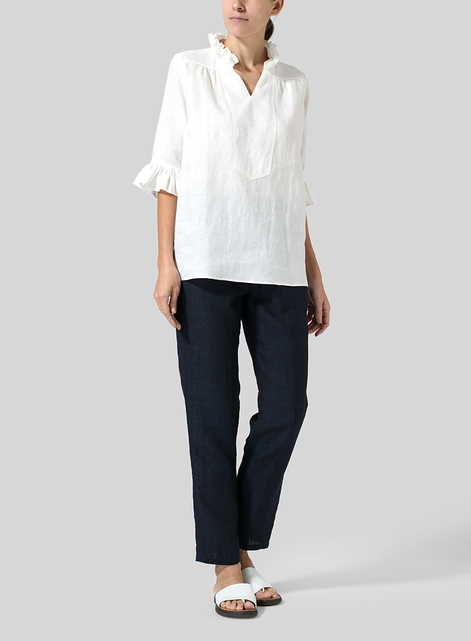 Linen Ruffle Stand Collar Top