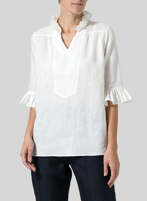 Linen Ruffle Stand Collar Top