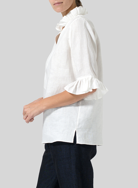 Linen Ruffle Stand Collar Top