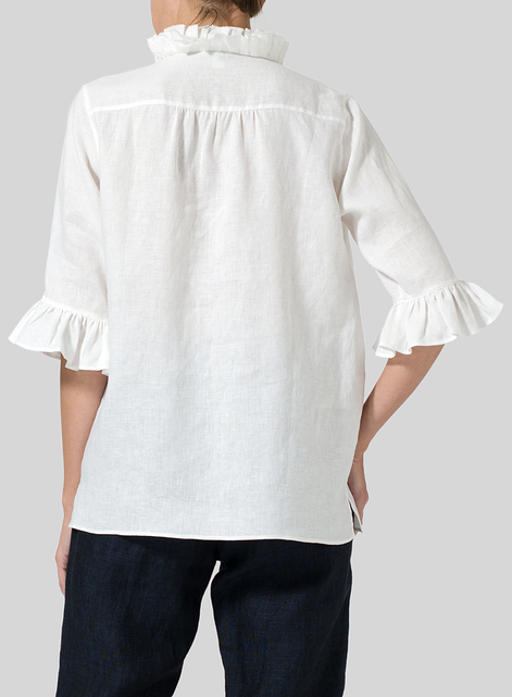 Linen Ruffle Stand Collar Top