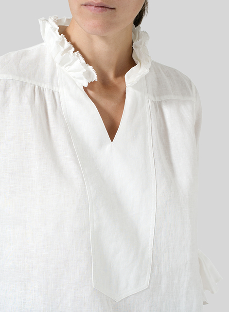 Linen Ruffle Stand Collar Top