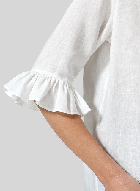 Linen Ruffle Stand Collar Top