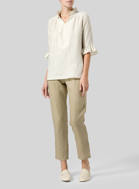 Linen Ruffle Stand Collar Top