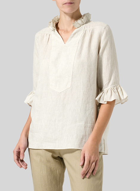 Linen Ruffle Stand Collar Top