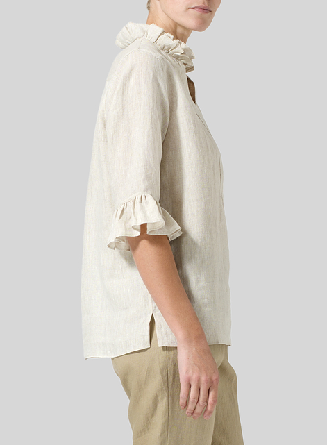 Linen Ruffle Stand Collar Top