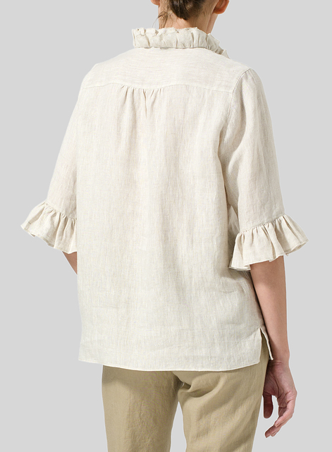 Linen Ruffle Stand Collar Top