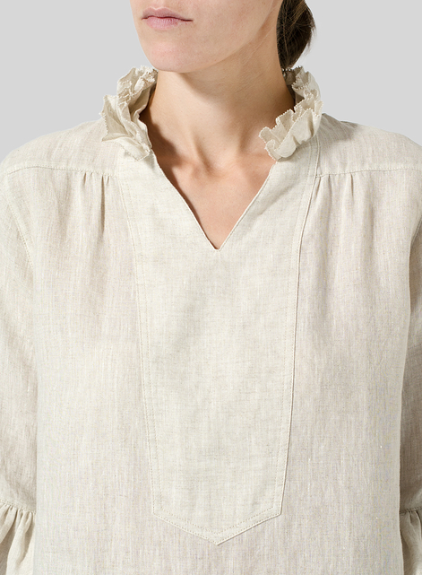 Linen Ruffle Stand Collar Top