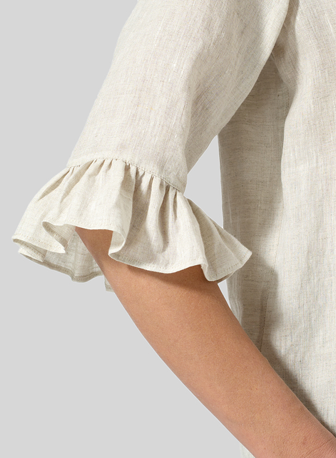 Linen Ruffle Stand Collar Top