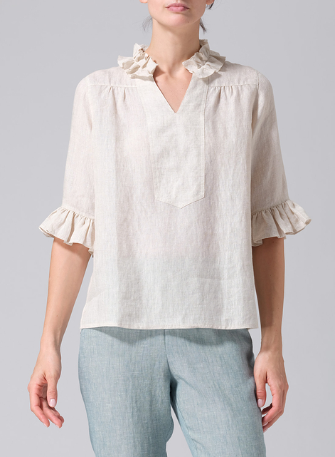 Linen Ruffle Stand Collar Top