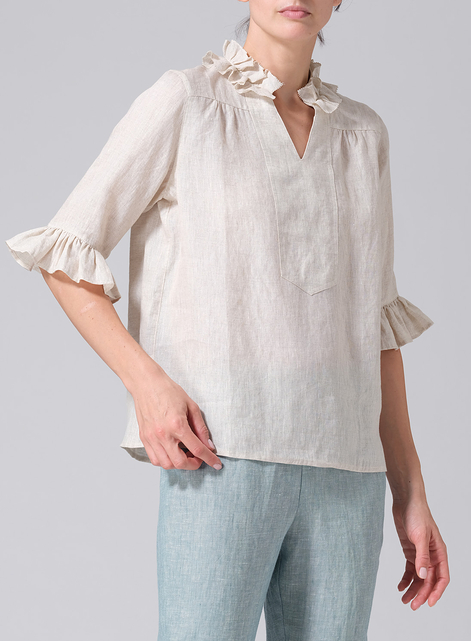 Linen Ruffle Stand Collar Top