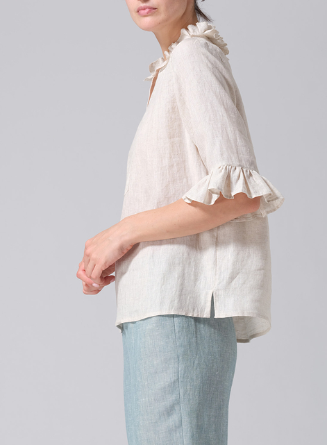 Linen Ruffle Stand Collar Top