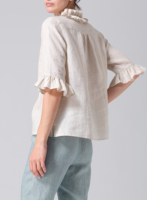 Linen Ruffle Stand Collar Top